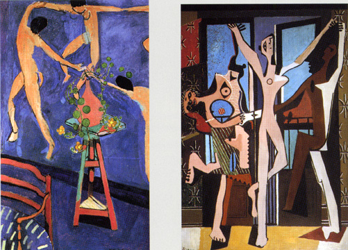 Слева — «Танец с настурциями», написанный Матиссом в 1912 году, справа — «Три танцора», написанные Пикассо в 1925-м.